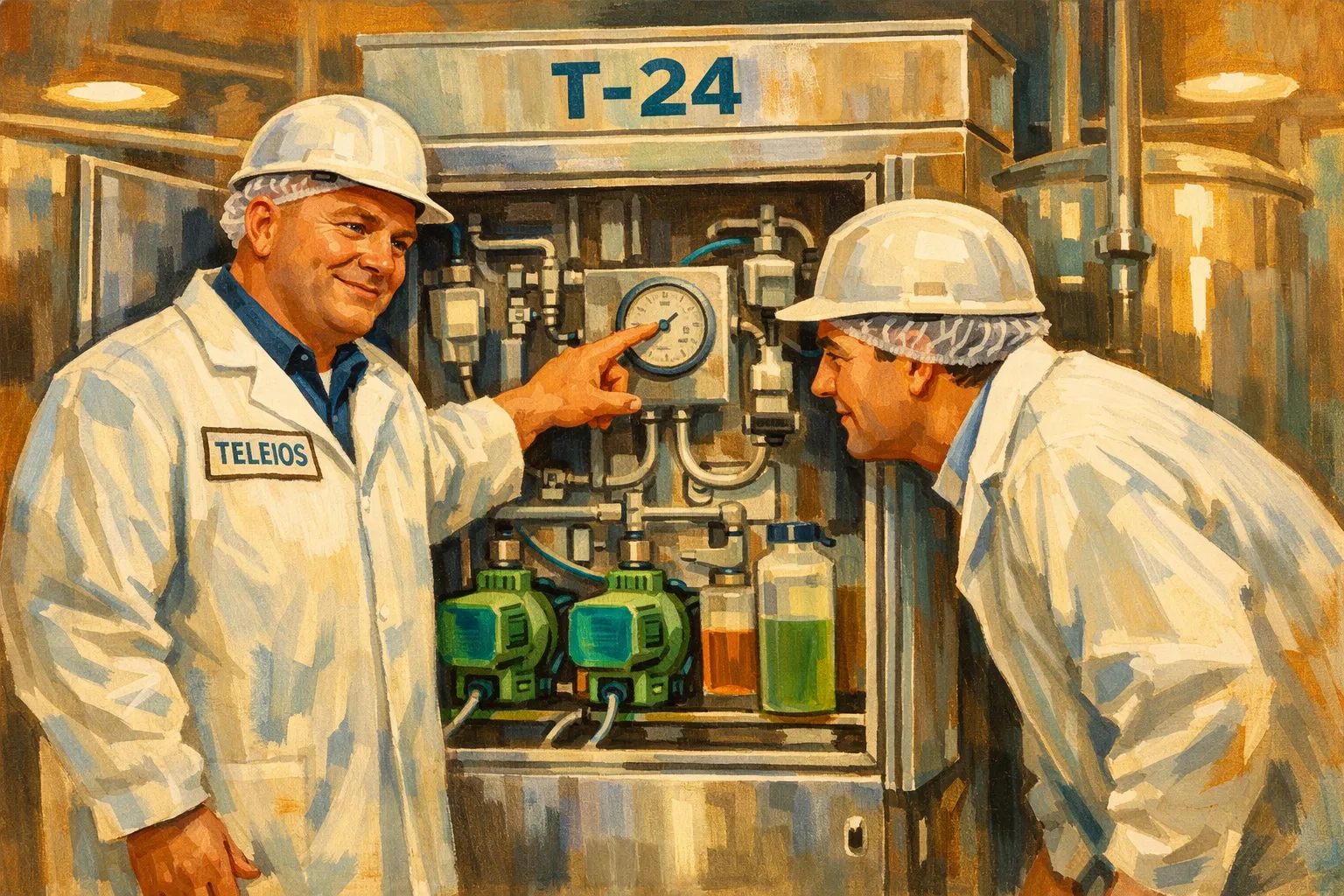 A Teleios rep walks the floor with a plant maintenance lead — gouache illustration