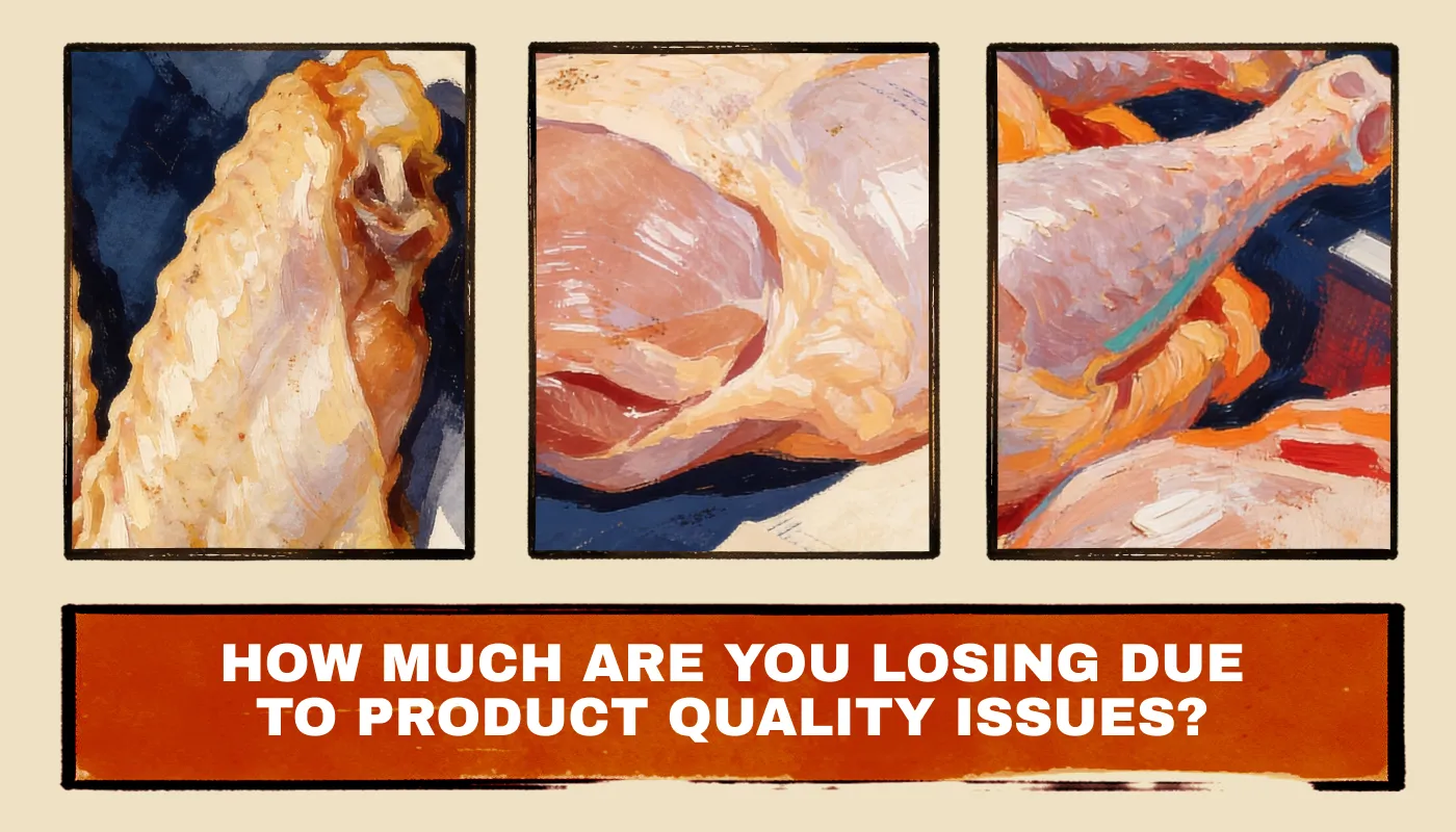 Three close-up paintings of raw poultry parts